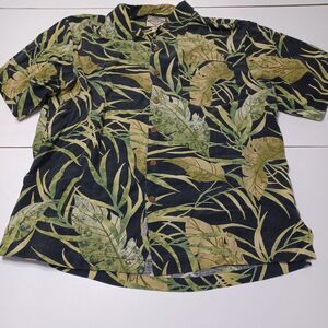 Three Palm Men Hawaiian Shirt Gray Leaf Stripe Short Sleeve 100% Silk Aloha Vaca